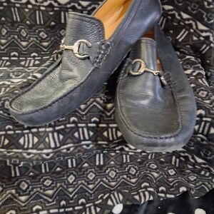 Saks Fifth Avenue Navy Blue  Leather Slip-Ons with Silver Detail